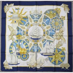 Hermes Blue and Gold Nautical Silk Scarf